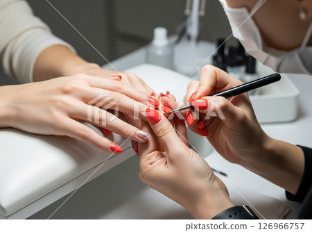 A close-up view of a manicurist expertly applying vibrant red nail polish to a client's fingernails, illustrating the pampering and beauty ritual of a professional manicure 126966757