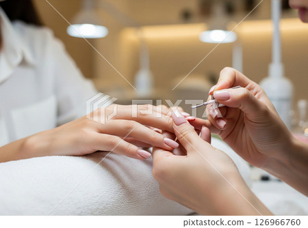 A close-up view of a manicurist expertly applying vibrant red nail polish to a client's fingernails, illustrating the pampering and beauty ritual of a professional manicure 126966760