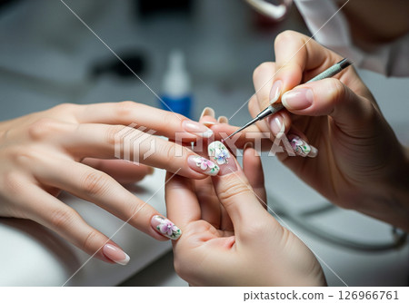 A close-up view of a manicurist expertly applying vibrant red nail polish to a client's fingernails, illustrating the pampering and beauty ritual of a professional manicure 126966761