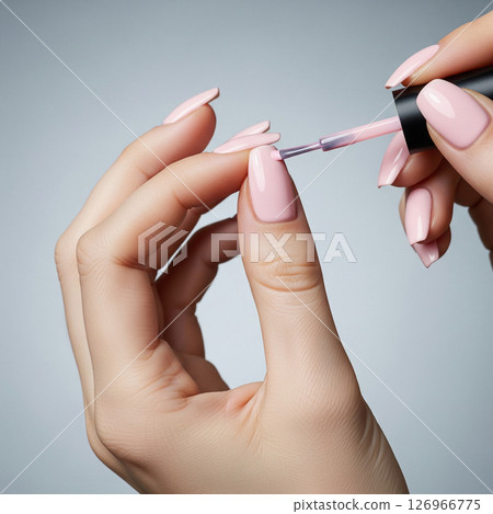 Close-up of a woman's hands meticulously applying vibrant red nail polish, showcasing the beauty and precision of a fresh manicure 126966775