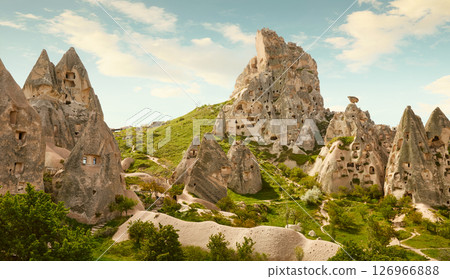 Panorama of ancient structures in Uchisar town in Cappadocia region, Turkey 126966888