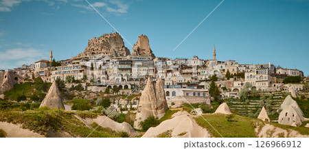 Panorama of Uchisar town in Cappadocia region, Turkey Panorama of Uchisar town in Cappadocia region, Turkey 126966912