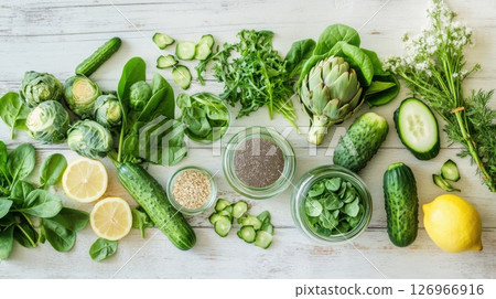 Fresh leafy greens, cucumbers, spinach, lemon, and seeds arranged on rustic table showcase healthy plant-based ingredients and vegan nutrition Fresh leafy greens, cucumbers, spinach, lemon, and seeds arranged on rustic table showcase healthy plant-based ingredients and vegan nutrition 126966916