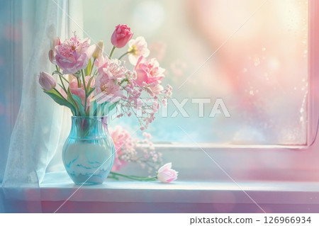 Pastel Floral Arrangement in Iridescent Vase by Sunny Window 126966934