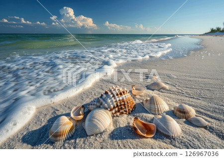 A tranquil beach view with seashells scattered on sunlit sands meeting gentle waves under a clear blue sky 126967036