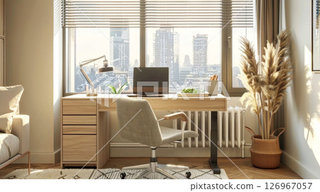Modern home office bathed in natural light, featuring a sleek desk with a cityscape view, plush chair Modern home office bathed in natural light, featuring a sleek desk with a cityscape view, plush chair 126967057