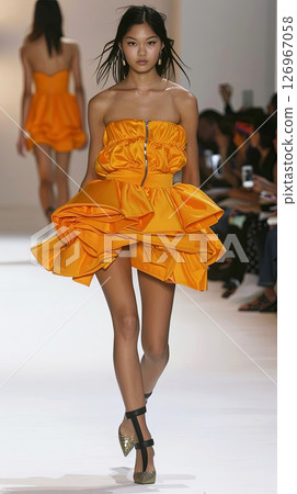 Bold and captivating, this runway moment features a stunning orange ensemble with elegant ruffles and striking fashion-forward design, showcasing modern elegance 126967058