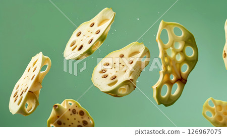Graceful lotus root slices float against a serene teal background, highlighting their intricate designs 126967075