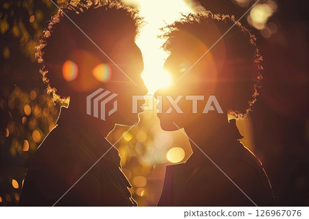 Two silhouettes face each other in a golden sunset, bathed in warm light and lens flare 126967076