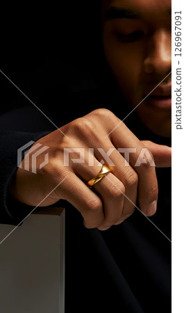 A close-up of a male hand adorned with a stylish gold ring, capturing the essence of modern elegance 126967091