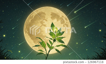 A night of full moon and meteor shower, fireflies and faintly glowing flowers 126967118