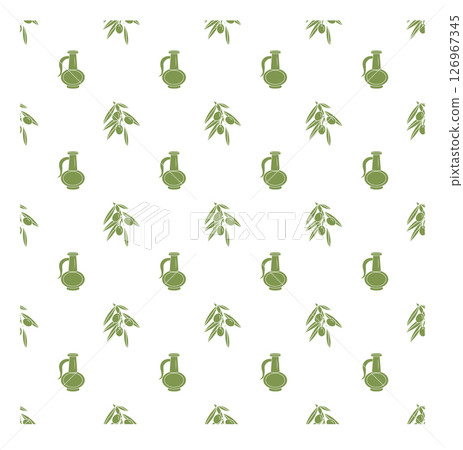 Jug of oil and olive branch with ripe fruits. Seamless pattern. Vector illustration. Jug of oil and olive branch with ripe fruits. Seamless pattern. Vector illustration. 126967345