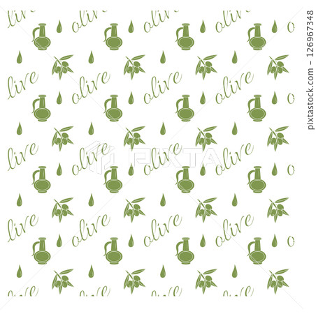 Jug with oil, drop olive branch with fruits and inscription olive. Seamless pattern. Vector illustration. 126967348