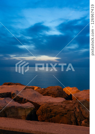 Rocky coast of the Black Sea in the evening Batumi, Georgia 126967419