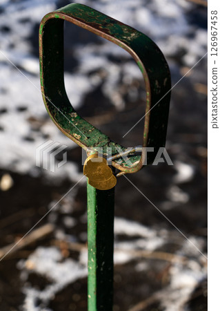 Iron, old handrails with a lock on them. Love lock on the railing Iron, old handrails with a lock on them. Love lock on the railing 126967458