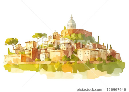Timeless charm of an Italian hillside village captured in watercolor. Discover the harmony of nature Timeless charm of an Italian hillside village captured in watercolor. Discover the harmony of nature 126967646