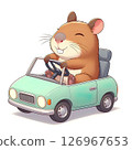 A cartoon hamster drives a small mint green car. The hamster has a cheerful expression, with round cheeks and small ears. The scene is playful and whimsical. 126967653