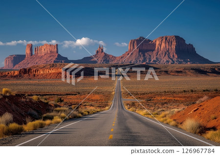Endless desert highway stretches through Valley iconic sandstone buttes and sky 126967784
