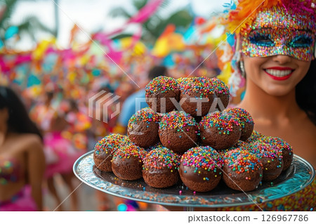 Shiny brigadeiros stacked high at Carnival stand with festive colors and energy 126967786