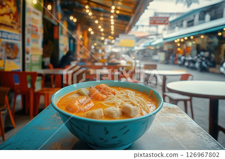 Spicy Laksa Bowl Served Fresh in Bustling Hawker Center Setting Spicy Laksa Bowl Served Fresh in Bustling Hawker Center Setting 126967802