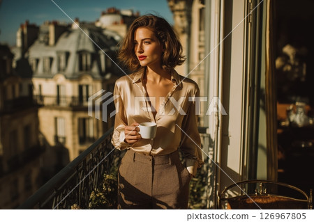 Elegant morning coffee on Paris balcony above rooftops and quiet charm 126967805