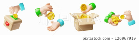 Hand holding golden coin 3d cartoon vector set, donate box with heart symbol, donation and charity concept 126967919