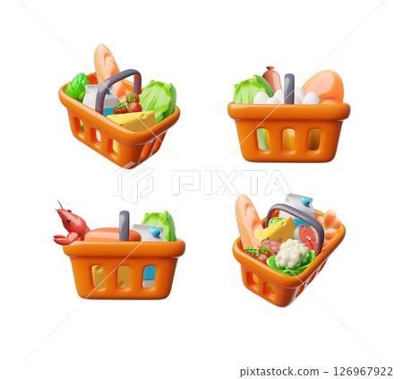 Realistic orange shopping basket with food 3D vector set, container with sausage, fish, milk, cheese vegetables purchase Realistic orange shopping basket with food 3D vector set, container with sausage, fish, milk, cheese vegetables purchase 126967922