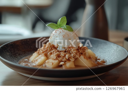 Rustic apple crisp topped with melting vanilla ice cream in cozy setting Rustic apple crisp topped with melting vanilla ice cream in cozy setting 126967961