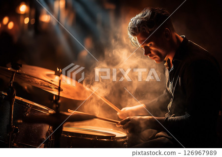 Jazz Drummer in Smoke-Filled Club Lit by Golden Stage Beams 126967989