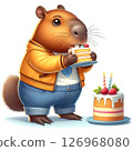 A cartoon-style groundhog wearing a yellow jacket and blue jeans enjoys a slice of cake next to a decorated birthday cake with candles and strawberries. 126968080