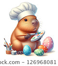 A cute cartoon capybara wearing a chef's hat, painting colorful Easter eggs. The scene includes paintbrushes, a palette, and decorated eggs in various colors. 126968081
