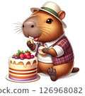 A cartoon capybara wearing a hat and a plaid shirt enjoys a slice of cake topped with strawberries and cream. The scene is cheerful and playful. 126968082