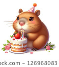 A cute, cartoon-style guinea pig wearing a party hat enjoys a slice of cake with candles and strawberries. Colorful flowers surround the cake. 126968083