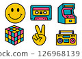 Colorful retro icons including a smiley face, cassette tape, arcade machine, Rubik's cube, peace sign, and boombox. 126968139