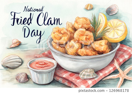 National Fried Clam Day. Fried clam dish served in a bowl with lemon and dipping sauce, surrounded by seashells, celebrating National Fried Clam Day with vibrant colors 126968178