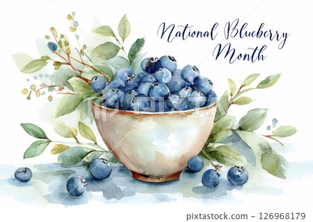 National Blueberry Month. Bowl filled with fresh blueberries surrounded by green leaves, celebrating National Blueberry Month with vibrant colors and artistic flair 126968179