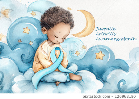 Juvenile Arthritis Awareness Month. Child with curly hair sits on clouds, holding blue ribbon for Juvenile Arthritis Awareness Month in a dreamy illustration 126968180