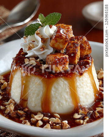 Creamy gelatina de mazapan dessert with caramel and toppings 126968188