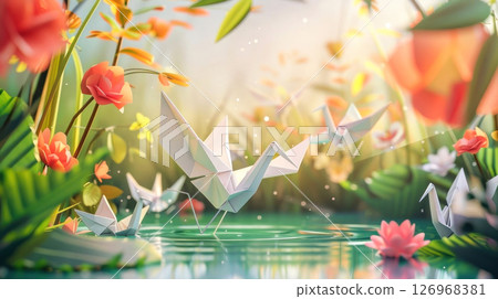 Surreal garden scene with delicate origami cranes floating on a serene pond surrounded by vibrant blooms 126968381