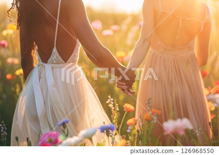 Two women hold hands in a sunlit field, wearing elegant dresses. 126968550