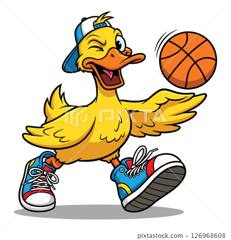 Playful cartoon duck playing basketball in sneakers vector illustration Playful cartoon duck playing basketball in sneakers vector illustration 126968608