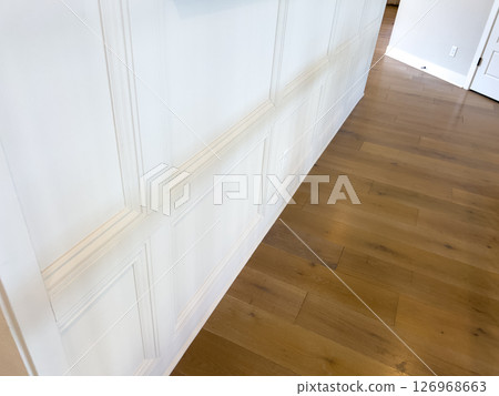 Clean interior shot showcasing a white wainscoting accent wall paired with light natural hardwood flooring. The crisp, modern design highlights architectural detail and home elegance, perfect for 126968663