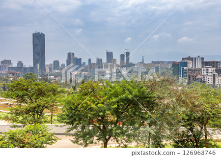 Modern skyscrapers of developing downtown district of Addis Ababa and green park in the foreground, Ethiopia 126968746