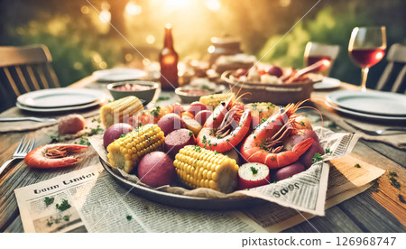 A wide-angle view of a seafood boil spread across a picnic table in a lush garden. The meal features shrimp, corn, potatoes, and sausage, seasoned and served on newspaper, with sunlight filtering 126968747