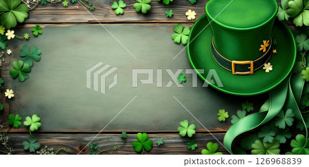 A beautifully festive Irish hat adorned with shamrocks placed on a rustic wooden background 126968839