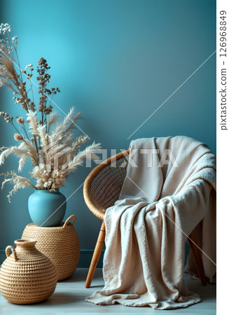 This space has a cozy interior that blends natural elements with soft textures for comfort 126968849