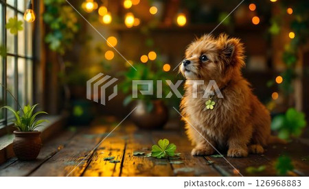 A Charming Pomeranian Being Captured in a Cozy, Luminous Indoor Setting with Warm Light 126968883