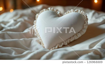 A Soft HeartShaped Pillow Perfectly Set on Cozy, Beautiful Bedding for Maximum Comfort 126968889