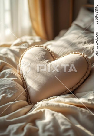 A Cozy HeartShaped Pillow placed on a Soft and Comfortable Bed, inviting relaxation and warmth 126968890
