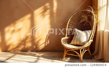 Rattan armchair with decorative cushion bathed in warm golden sunlight casting dramatic shadows against beige wall. Cozy interior atmosphere concept. Rattan armchair with decorative cushion bathed in warm golden sunlight casting dramatic shadows against beige wall. Cozy interior atmosphere concept. 126968914